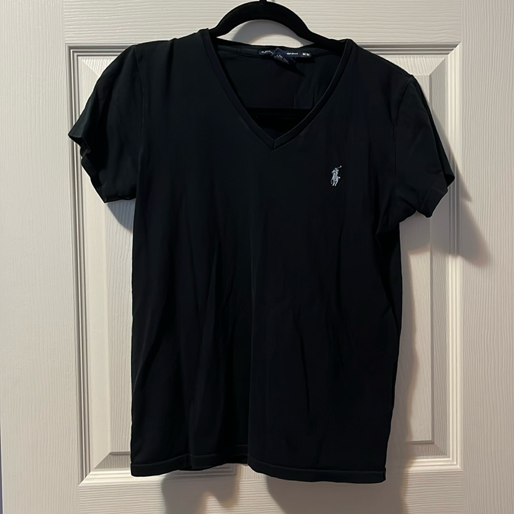 Ralph Lauren Sport Women's Black V-Neck T-Shirt Tee 100% Cotton Medium Casual